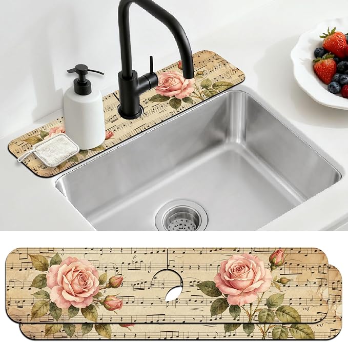2 Pcs Kitchen Sink Splash Guard Faucet Mat Retro Sheet Music Flowers Pattern Faucet Mat for Sinks Flower Absorbing Drying Mats for Kitchen Bathroom by CONCHLERY%E6%97%97%E8%88%B0%E5%BA%97