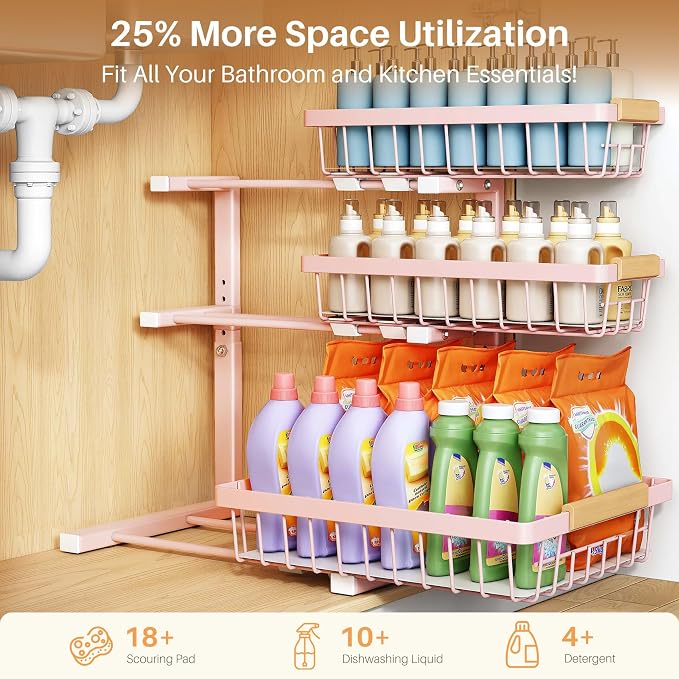 PXRACK Under Sink Organizer, 1-Pack 3-Tier Height Adjustable Thickened Metal Pull out Cabinet Organizer Shelf, Slide out Storage Drawer Rack for Bathroom Kitchen Pantry Home Organization, Pink - Image 4