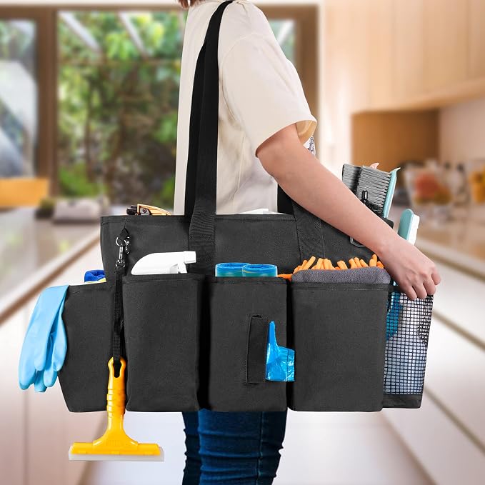LoDrid Professional Cleaning Tote Caddy for Cleaning Supply, Black | Cleaning Bag Organizer with Dividers and Handle Strap for Housekeepers Work, Bag Only - Image 2