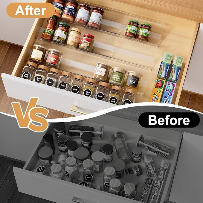8-Pack Spice Drawer Organizer, Expandable Acrylic Seasoning Rack (13" to 26") with Anti-Slip Mat, Kitchen Spice Rack Holds up to 56 Jars (Jars Not Included) - Image 2