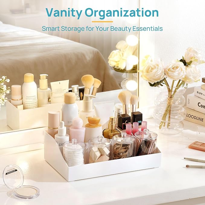 Vtopmart 5 PCS Bathroom Countertop Organizer Sets, White | 1 Divided Tray with 4 Qtip Holder Jars, For Toothbrush, Cotton Pads Balls, Floss, For Bathroom Countertop - Image 6