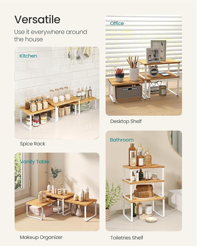 SONGMICS Cabinet Organizer Shelf, Set of 3 Spice Rack, Kitchen Storage | Kitchen Counter Shelves, Kitchen Storage, Spice Rack, Light Bamboo and Matte White, BYSTRO Collection UKCS014W01 - Image 4