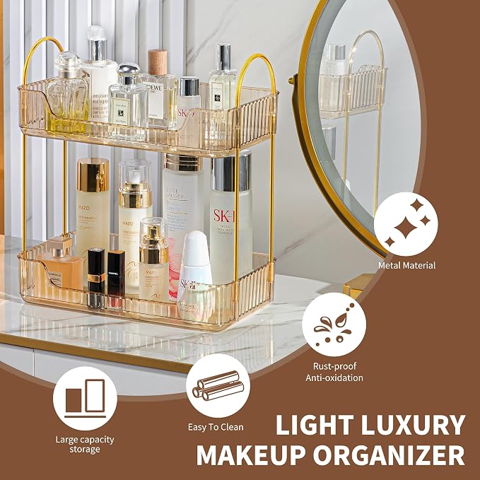 Akinbas 2 Tier Bathroom Organizer Countertop Makeup Perfume Tray Skincare Organizer for Bathroom Dresser Vanity (Gold) - Image 6