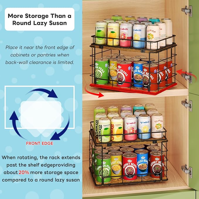 360° Rotating Lazy Susan Can Organizer for Pantry, Holds 26 Cans, Black | 2-Tier Soda Can Organizer, Metal Wire & Wood Shelf with Turntable Storage for Kitchen Cabinet, Pantry & Countertop - Image 2