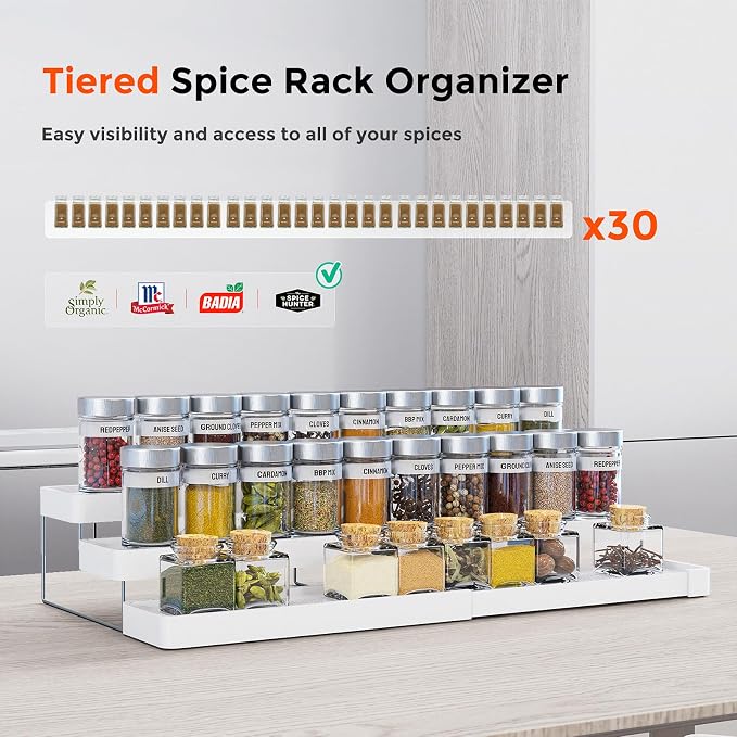 2 Pack Expandable Spice Rack Organizer for Cabinet - 3 Tier Adjustable Cabinet Spice Organizer Easy Visibility - Spice Organizer for Cabinet Countertop Cupboard Pantry Organization (White) - Image 3