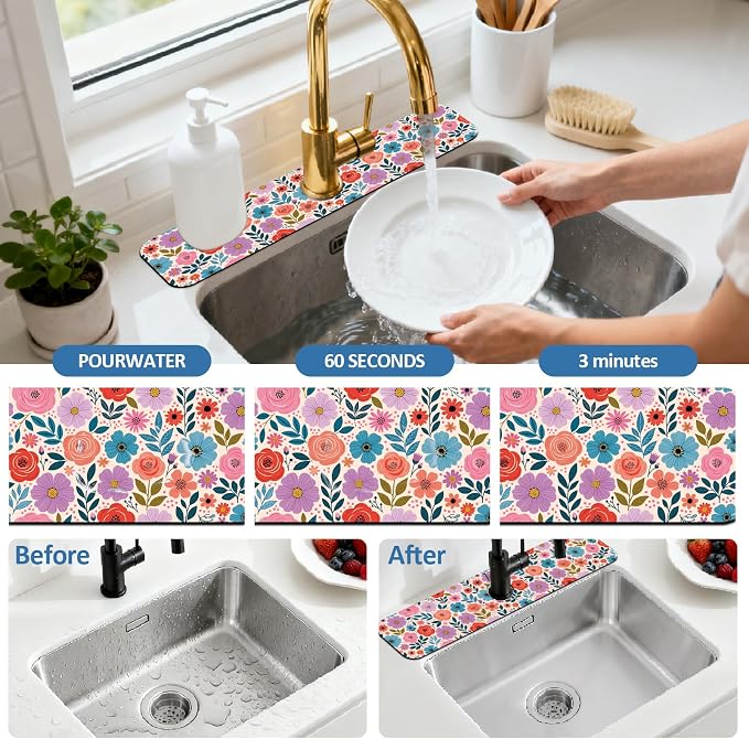 2 Pcs Kitchen Sink Splash Guard Faucet Mat Colorful Spring Flowers Faucet Mat for Sinks Absorbing Drying Mat for Kitchen Bathroom, 23.6x5.5inch - Image 5