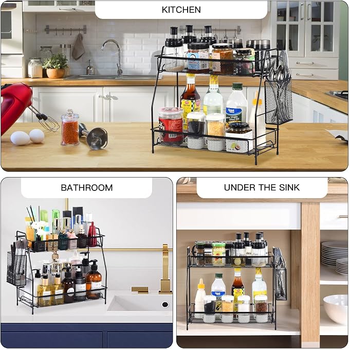 Large Countertop Organizer for Bathroom Counter, Bathroom Organizers and Storage, Under Sink Organizer Spice Rack Organizer for Kitchen with Basket(Black) - Image 6