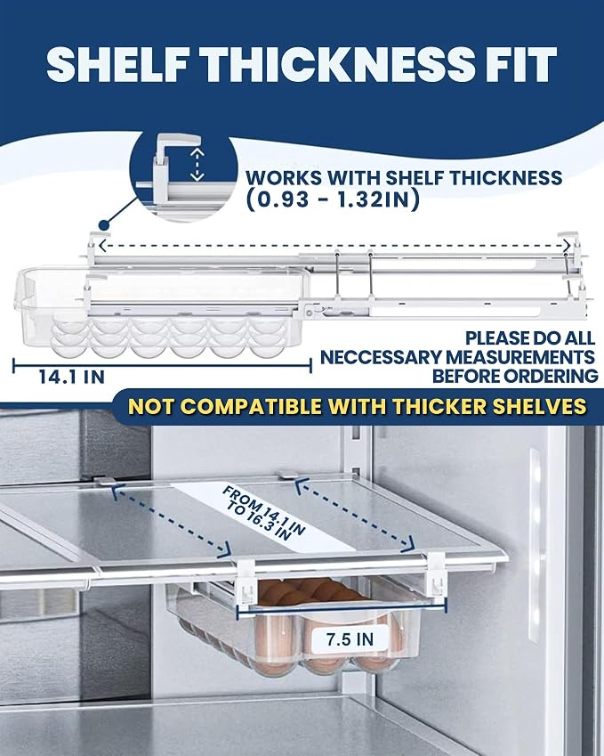 TidyFriend 2 Pack Refrigerator Egg Drawer 14"x7.5"x3.95" – Snap-On Egg Holder with Pull-Out Drawer, Holds 18 Eggs, Fits Flat Fridge Shelves 14.1–16.3 in Long and 0.93–1.32 in Thick - Image 5