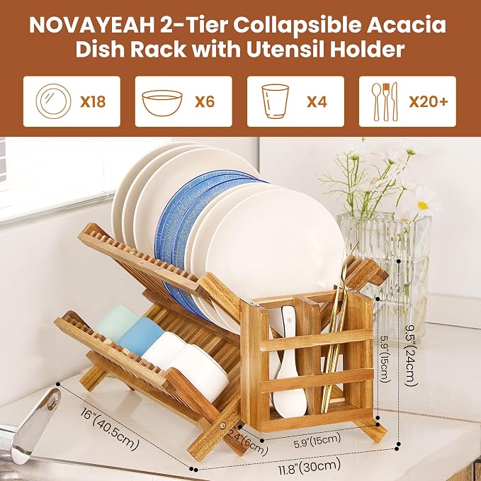 NOVAYEAH Acacia Wooden Dish Drying Rack for Kitchen Counter 2-Tier Collapsible Bmaboo Dish Drying Rack with Utensil Holder-Large Folding Dish Drainer Rack with Flatware Holder 34 pcs Grid | 2-Tier Collapsible Dish Drying Rack with Utensil Holder-Large ... - Image 5