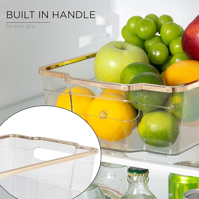 SIMPLEMADE Clear Refrigerator Organizer Bins - Clear Bins for Fridge, Containers for Fridge and Freezer, Multipurpose Storage for Kitchen, Office, Bathroom, Gold Rim (8" x 12") - Image 3