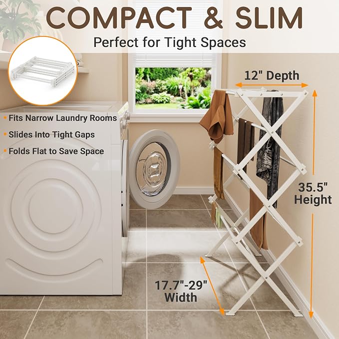 Foldable Clothes Drying Rack, Reinforced Joints, White | 35 lbs load, rustproof carbon steel, adjusts 17.7"-29"W, indoor & outdoor, tool-free - Image 4