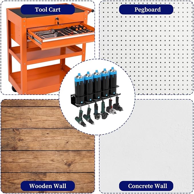 4 Pack Heavy-Duty Aerosol Spray Can Holder with Pneumatic Tool Holder – Wall-Mounted Garage Organizer, Holds 20 Cans & 24 Air Tools, Metal, Black - Image 4