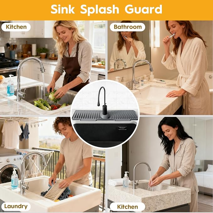 24" Silicone Faucet Mat for Kitchen Sink of The Lastest, Dark Grey | 8° Slope Fast Self-draining, Kitchen Sink Water Splash Guard, Behind Faucet Draining Mat, for Bathroom Kitchen Sink Area - Image 8