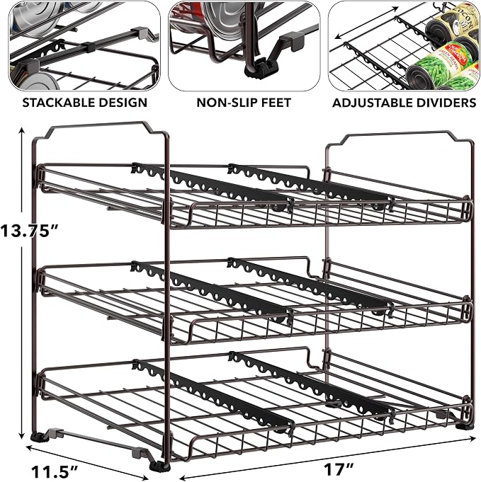 Simple Houseware 3-Tier Stackable Can Organizer Rack Hold 36 Cans, Bronze | Can Food Storage Dispenser for Pantry/Cabinet, Adjustable Dividers – 11.5" D x 17" W x 13.75" H - Image 3