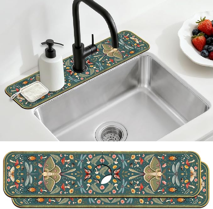 2 Pcs Kitchen Sink Splash Guard Faucet Mat Vintage Green Insects and Plants Faucet Mat for Sinks Absorbing Drying Mat for Kitchen Bathroom, 23.6x5.5inch by CONCHLERY%E6%97%97%E8%88%B0%E5%BA%97