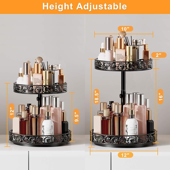 2 Tier Lazy Susan Organizer Turntable Height Adjustable, Black | 12 Inch Two Tier Lazy Susan,Metal Easy Assembly Spice Rack Organizer Rotating for Cabinet Dining Table Top Kitchen Countertop - Image 3