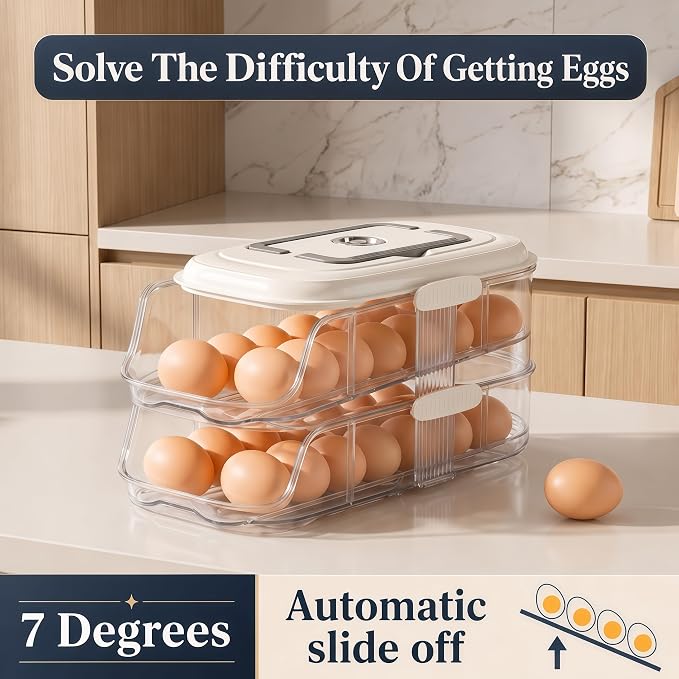 2-Tier Fridge Egg Organizer and Stackable Egg Container for Refrigerator with Dispenser Tray - Image 6