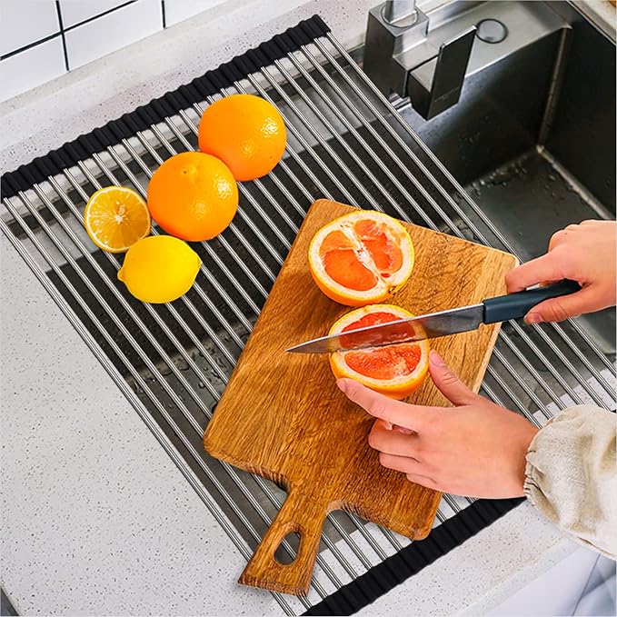 SunCleanse Roll Up Dish Drying Rack, Over The Sink Dish Drying Rack Kitchen Rolling Dish Drainer, Foldable Sink Rack Mat for Kitchen Sink Counter (17.8"x11.8") | Kitchen counter mat, rolling design, stainless steel, multipurpose, space-saving and stable by SunCleanse