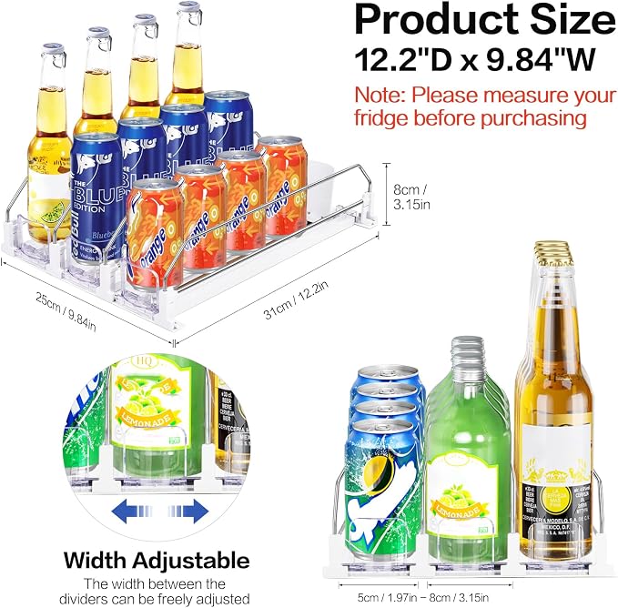 Drink Organizer for Mini Fridge, Automatic Pusher Drink Dispenser for Refrigerator, Soda Can Organizer for Beer Beverage Holds up to 12 Cans 3 Row (Depth 12.2" x Wide 9.9") White - Image 2
