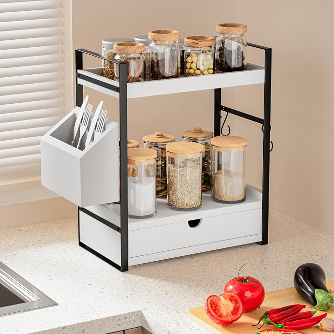 2-Tier Bathroom Counter Organizer, Wooden Vanity Shelf with Drawer & Basket | Pre-Drilled Holes, Skincare & Makeup Countertop Organizer and storage, White - Image 5
