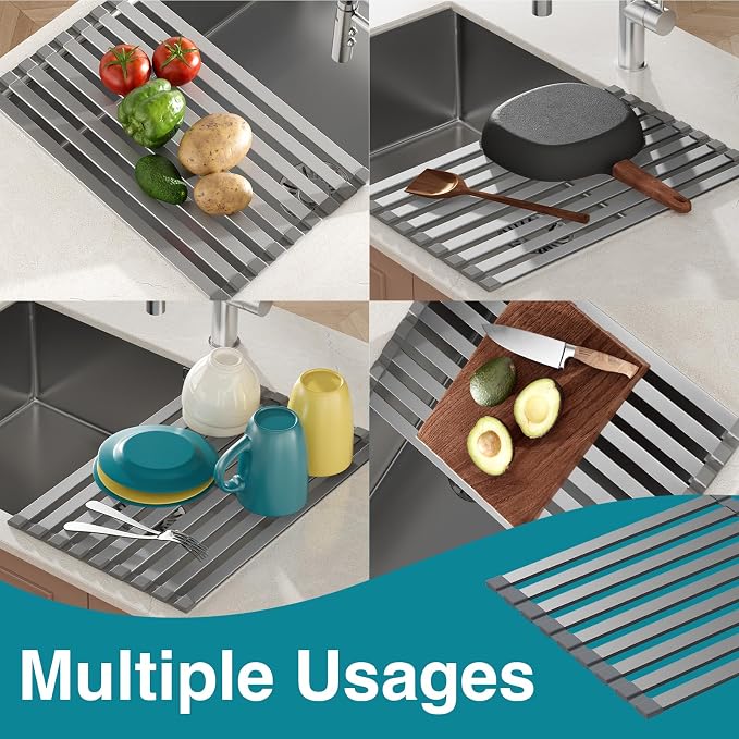 COOL-ANGLE Aluminum Roll Up Dish Drying Rack, 17.7x13.4 Inches, Matte Gray | Rust proof aviation aluminum, Heat resistant trivet up to 400F, Fits sinks up to 16.8 inches, Foldable for compact RV storage - Image 4