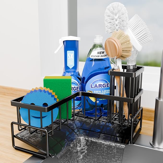 Fikoksol Large Sponge Holder for Kitchen Sink, 90-Degree Sink Caddy Storage | Self Draining Sponge Rack for Countertop, Metal L-Shaped Dish Soap Organizer with Brush Holder, Corner Sink Storage Ideas by HOMEACCESSORIES