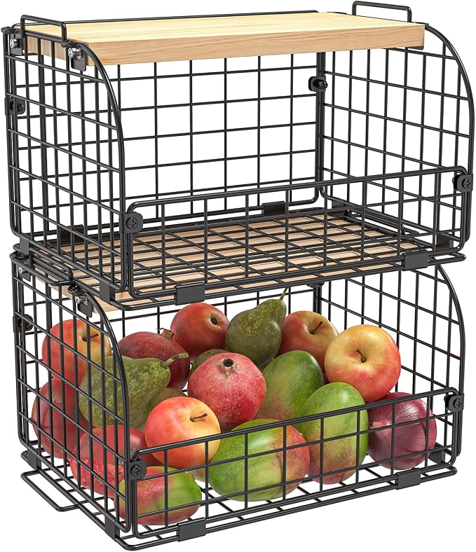 2 Set Stackable Wire Basket with Openable Top, Kitchen Counter, Pantry Organizer and Storage Produce Onion Potato Fruits Vegs Bread Food Snack Spice Organizing Bin for Cabinet Shelf Countertop Floor - Image 5