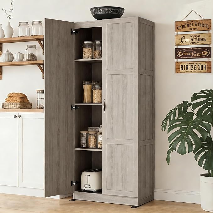 DUMOS Tall Storage Cabinet with Doors and Shelves, Kitchen Pantry Cabinet | 71'' Wood Storage Freestanding Cabinets for Bedroom, Pantry, Home Office, Dining Room & Living Room, Light Grey - Image 4