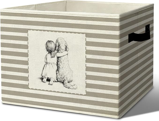 Rustic Girl and Dog Storage Bins Boxes Handles | grey striped nursery foldable basket for organizing bedroom toddler playroom by Unknown