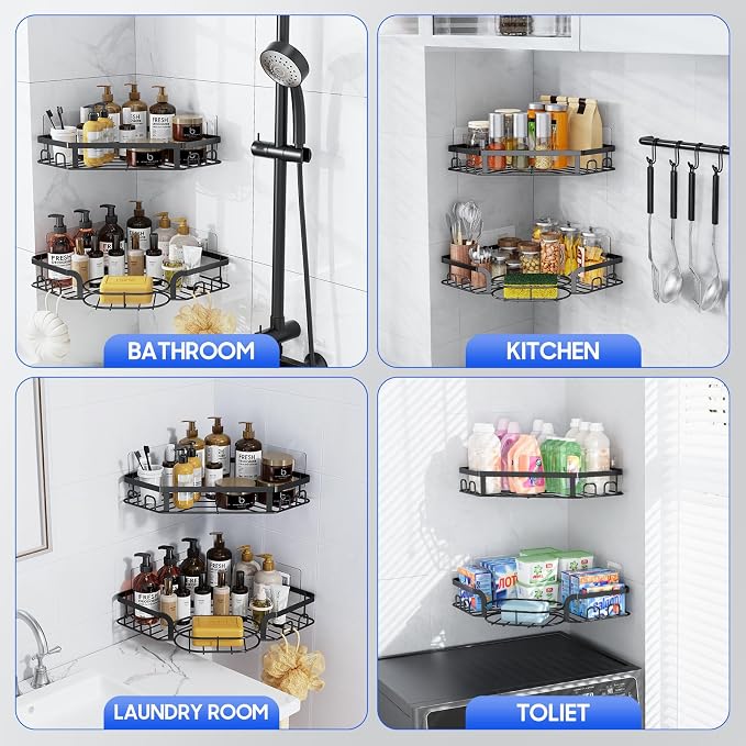 Corner Shower Caddy, Rustproof Shower Organizer with Soap Holder and 8 Hooks, No Drilling Adhesive Shower Shelves for Inside Shower, Large Capacity Shower Rack for Bathroom Shower Storage, X-Large - Image 8