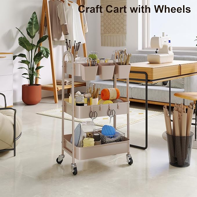 3 Tier Khaki Metal Utility Rolling Cart, Storage Cart with Lockable Wheels | Multifunctional Organizer Trolley with Mesh Storage Baskets and Handle for Kitchen, Office, Living Room, Laundry, Garage,Dorm - Image 8