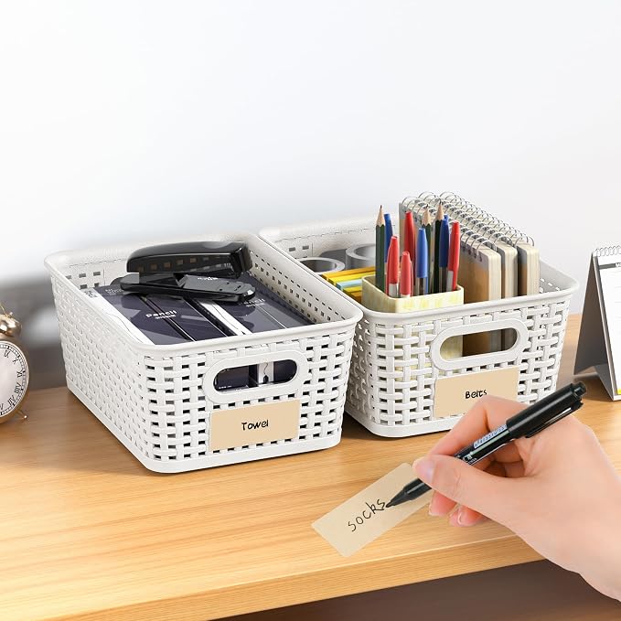 8 Pack Plastic Storage Baskets,White Stackable Storage Bins | 5.3qt Storage Containers with Labels for Organizing Shelves Drawers Desktop Closet Playroom Classroom Office - Image 7