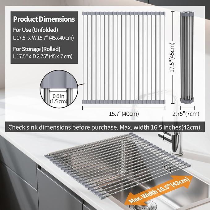 Dish Drying Rack, Roll Up Over The Sink Dish Drying Rack for Kitchen,17.5" x 15.7", Gray - Image 4