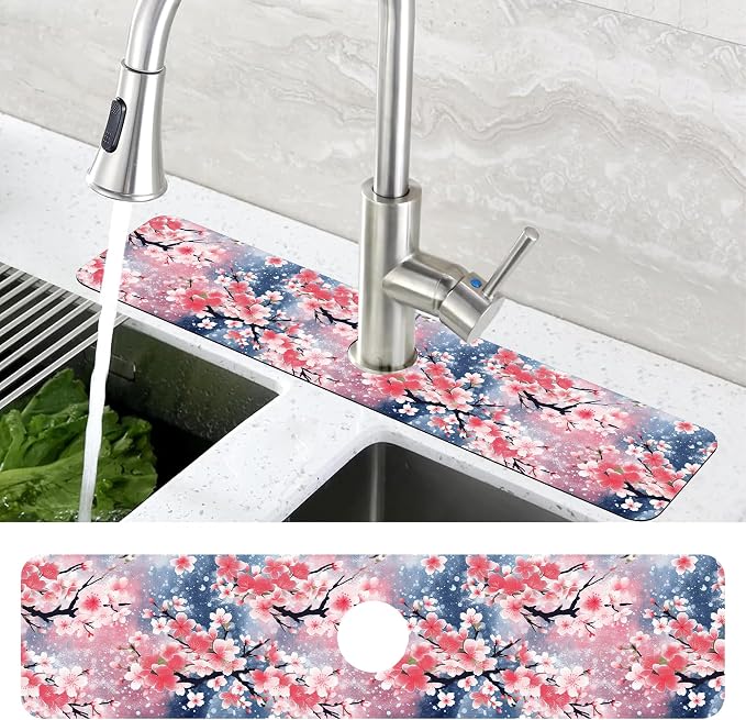 Japanese Pink Cherry Blossoms Dish Drying Mat for Kitchen Sink Splash Guard Behind Faucet Sink Mat Absorbent Fast Drying Faucet Draining Mat for Bathroom Kitchen 5.5"×24" - Image 4