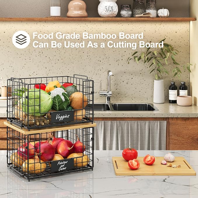 2 Pack Stackable Wire Baskets with Bamboo Top,Pantry Organizers Counter | Potato and Onion Storage Bin with Labels & 2 Pads, Kitchen Organization for Fruit, Vegetable, Produce, Bread, Cabinet - Image 3