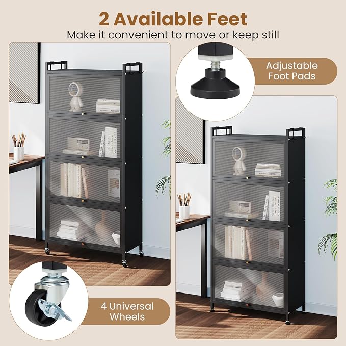GIANTEX 5-Tier Kitchen Storage Cabinet, 4 PC Doors, Rolling Wheels (Black) | Mobile Metal Pantry Cabinet with 4 Hooks & Adjustable Feet, 60" Baker's Rack Microwave Stand for Dining & Living Room - Image 6