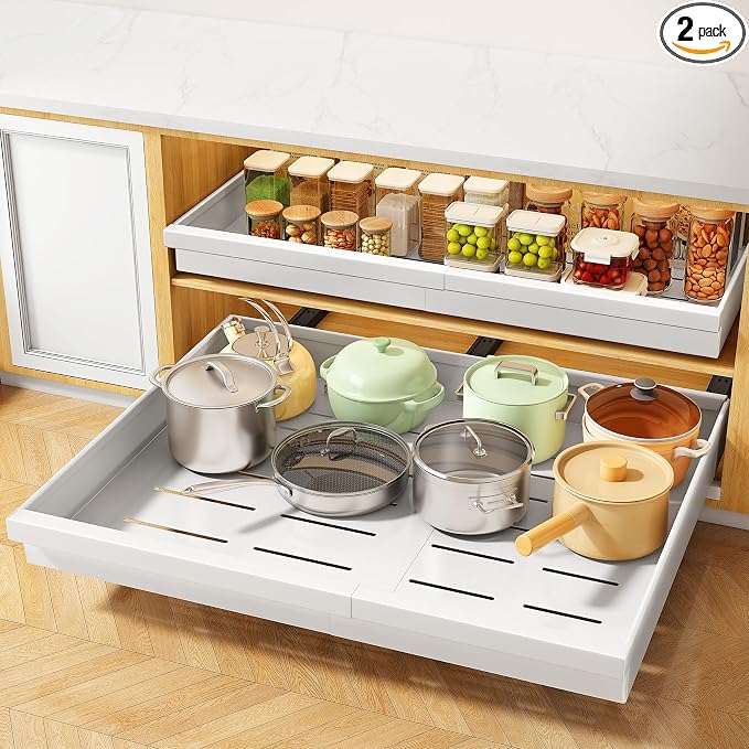 Pull out Cabinet Organizer, 2-Pack Expandable(13.6"-24") Silde out Drawers with Raising Pad for Framed Cabinets, Adjustable Full-Extension Adhesive Roll out Shelves for Kitchen Pantry Home Pot and Pan by PXRACK