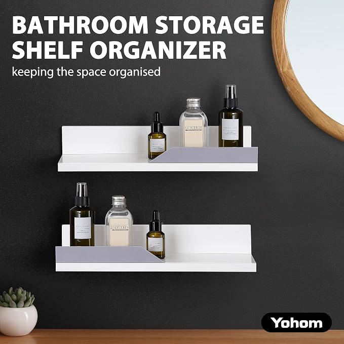 YOHOM Adhesive White Floating Shelves Bathroom Wall Organizer Shower Caddy No Drilling Display Ledge Shelf Rack for Home Decor 2PCS - Image 5