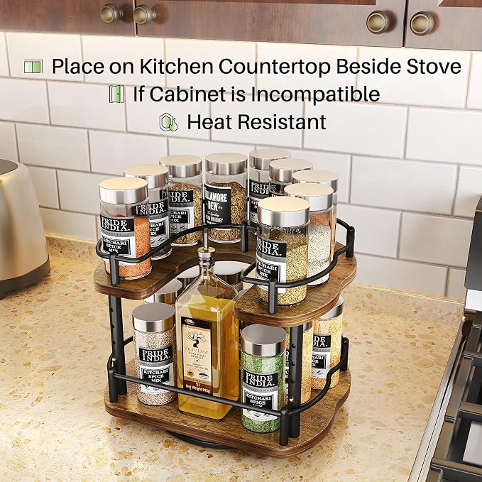 SNTD Lazy Susan Spice Rack Organizer for Cabinet, Wood, Vintage, 9 in | Rotating Turntable, Height Adjustable, Space-Saving D-Shape Design, Revolving Spice Storage for Kitchen Countertop Pantry - Image 3