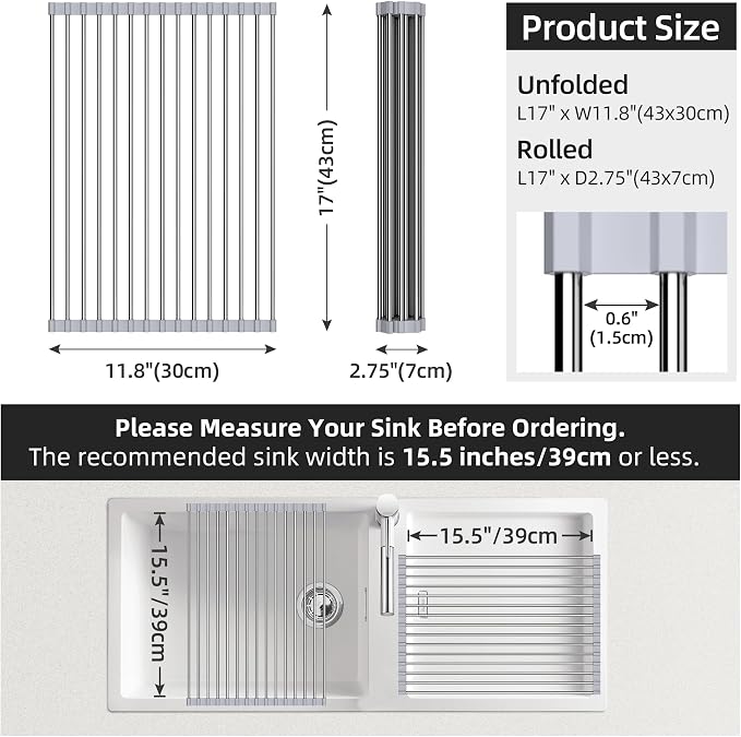 Over Sink Dish Drying Rack, 17" L x 11.8" W, Roll Up Dish Drying Rack for Kitchen, Gray - Image 5