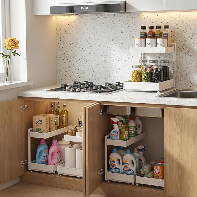 TATAANTY Under Sink Organizer 2 Pack, 2 Tier Metal Under the Sink Storage, Heavy Duty Slide out Pull out Cabinet Organizer, Height Adjustable for Kitchen Bathroom Pantry Closet Organization Rack - Image 4