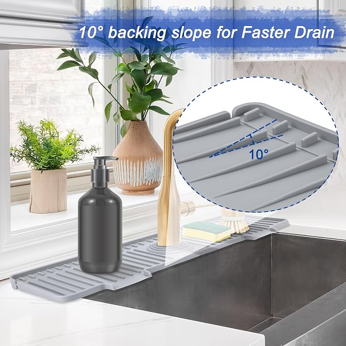 Amerner 20 inch Kitchen Sink Splash Guard, 10° Large Slope & Adaptable Hole Faucet Mat for Kitchen Sink, Silicone Sink Organizer Sponge Holder for Kitchen, Bathroom, RV, Bar, 20” x 5.5”, Gray - Image 3