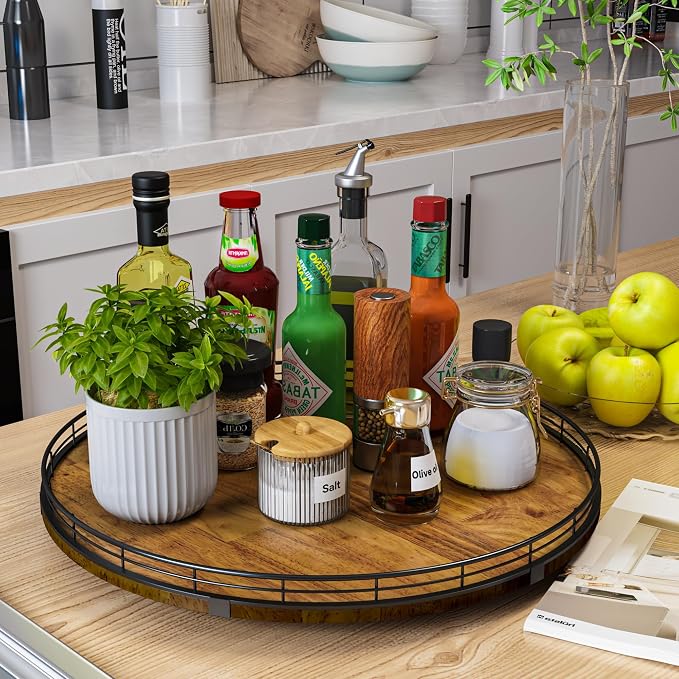AMH 18-Inch Farmhouse Oak Lazy Susan Organizer, Walnut Finish | Smooth rotating oak tray with walnut finish for dining tables, kitchen counters, pantries and cabinet storage. - Image 2