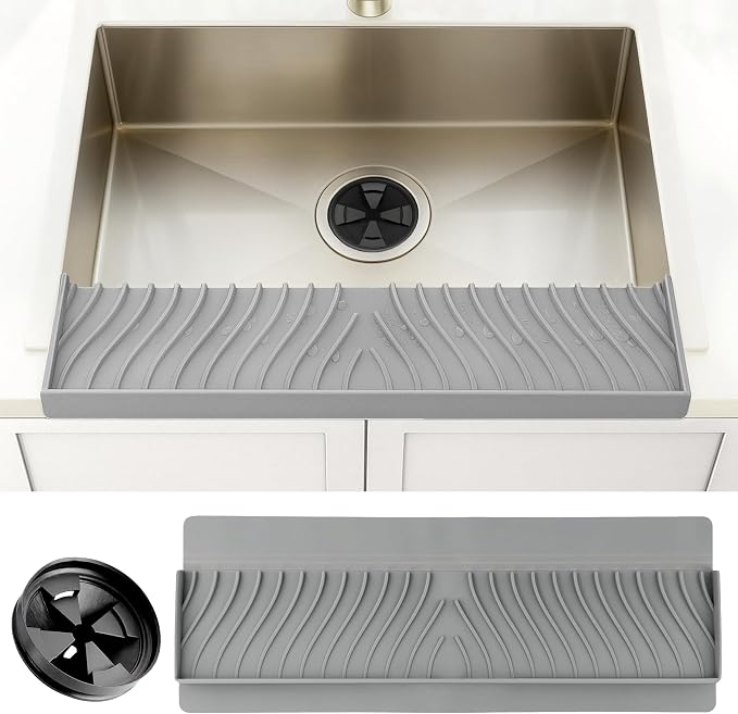 Silicone Sink Edge Protector and Splash Guard with Matching Drain Strainer, 24 Inch Countertop Chip Guard for Kitchen and Bathroom, 62 Suction Cups, Heat Resistant to 446°F, Gray by Unknown
