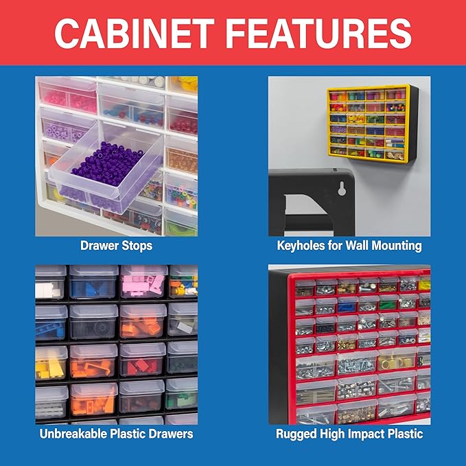 Akro-Mils 64-Drawer Plastic Storage Cabinet, 20" W x 6" D x 16" H, Black | Plastic Cabinet w/ Drawers for Garage Organization, Beads, Building Bricks Storage, Teacher Toolbox, Makeup Organizer, 10164 - Image 6