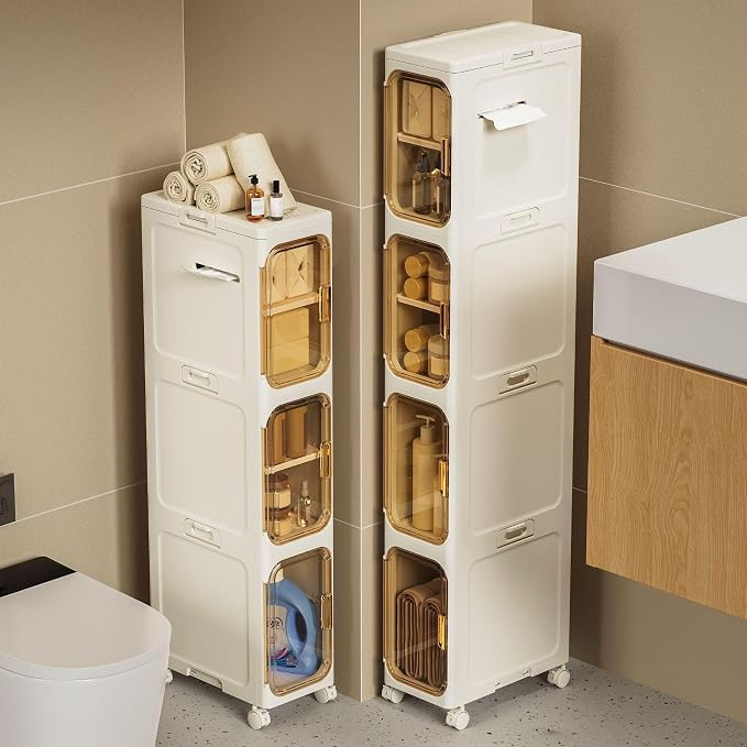 Slim Bathroom Storage Cabinet, Foldable & Movable Narrow Storage Organizer for Small Spaces, Bathroom, Kitchen, Laundry Room, Living Room (2-Tier) - Image 4