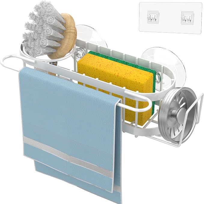 Cisily Kitchen Sink Caddy Sponge Holder in The Sink, Stainless Steel Kitchen Sink Organizer, Brush Holder, Dish Cloth Hanger, Sink Stopper Holder (Suction cup-White) - Image 6