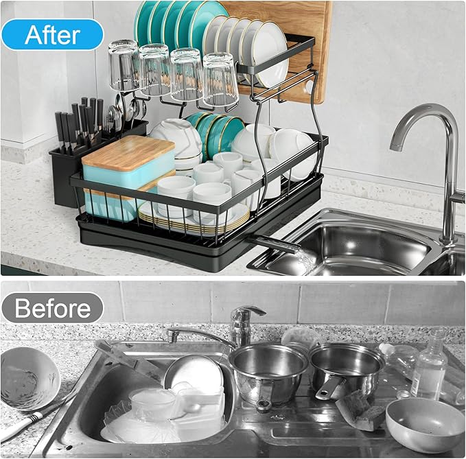 7 code 2-Tier Large Dish Drying Rack for Kitchen Counter, Black | Detachable Large Capacity Dish Drainer Organizer with Auto Drain, Anti-Rust Dish Rack with Cup & Utensil Holders - Image 6