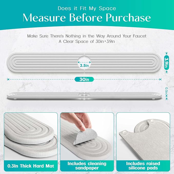 Stone Faucet Mat for Kitchen Sink – Diatomite Fast-Drying Stone Tray, Faucet Mat Sink Splash Guard, Decorative Sink Protector for Kitchen Bathroom Counter (Light Grey, 30''x3.9'') - Image 5