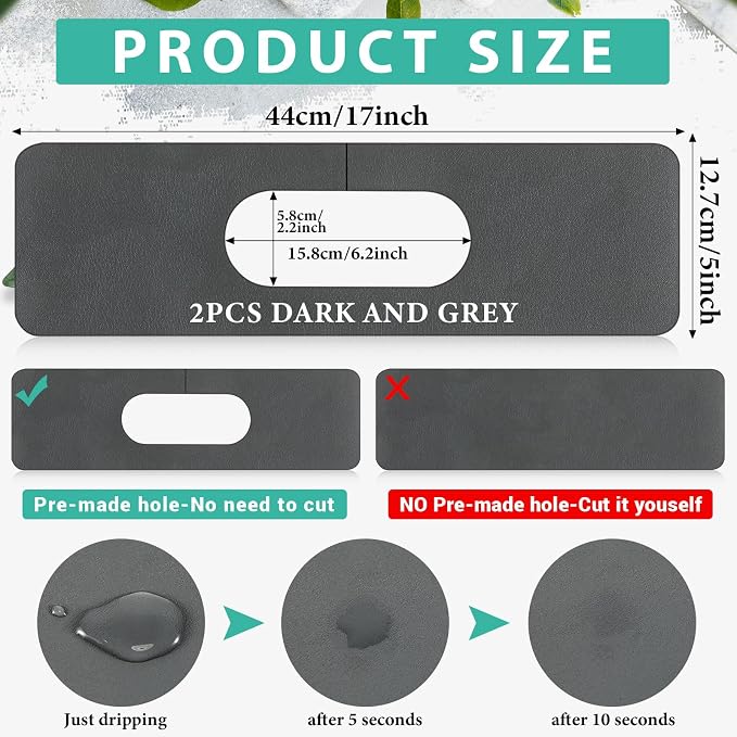 Tioncy 2 Pcs Faucet Mat Sink Splash Guard Oval-hole Oval Splash Pad for Kitchen Sink Oval Base Diatomite Faucet Mat for Bathroom Absorbent Mat Splatter Screens(Dark Gray) - Image 2